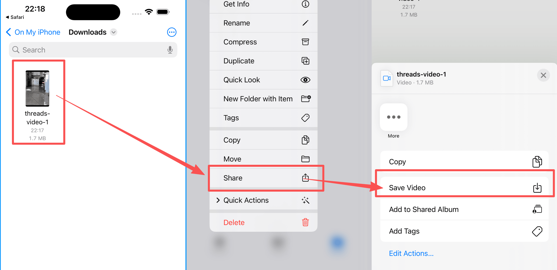 Utiliser la feuille de partage iPhone pour enregistrer le fichier Threads dans Photos